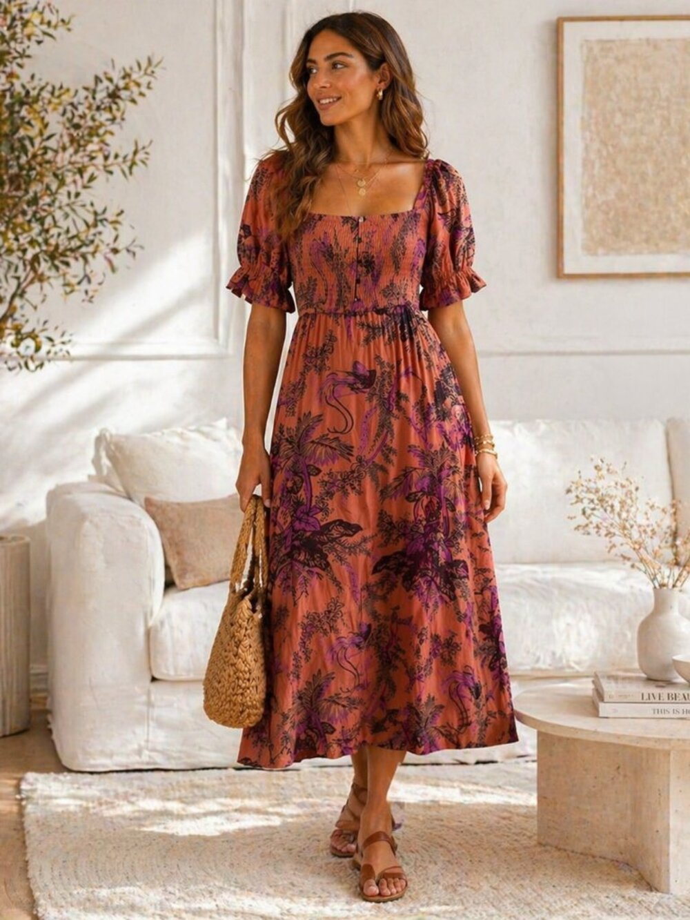 Cottagecore Prairie Floral Midi Dress Smocked Bodice Open Back Anthropologie Xs